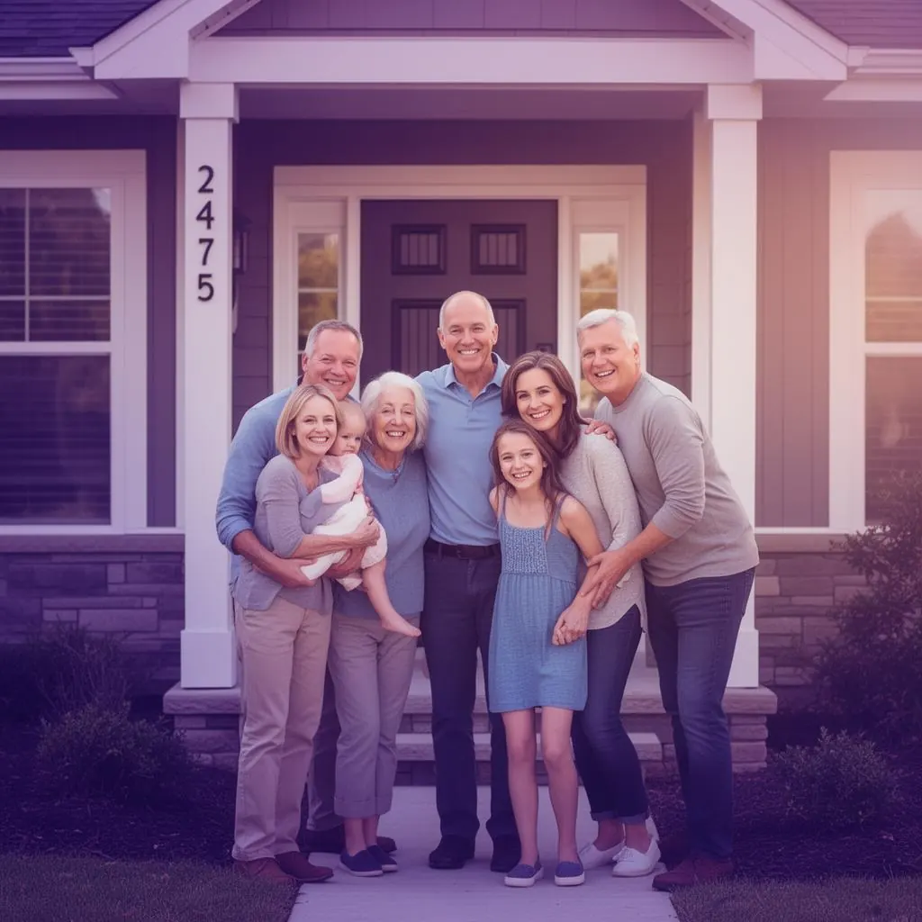 Happy multigenerational family on the porch of their home