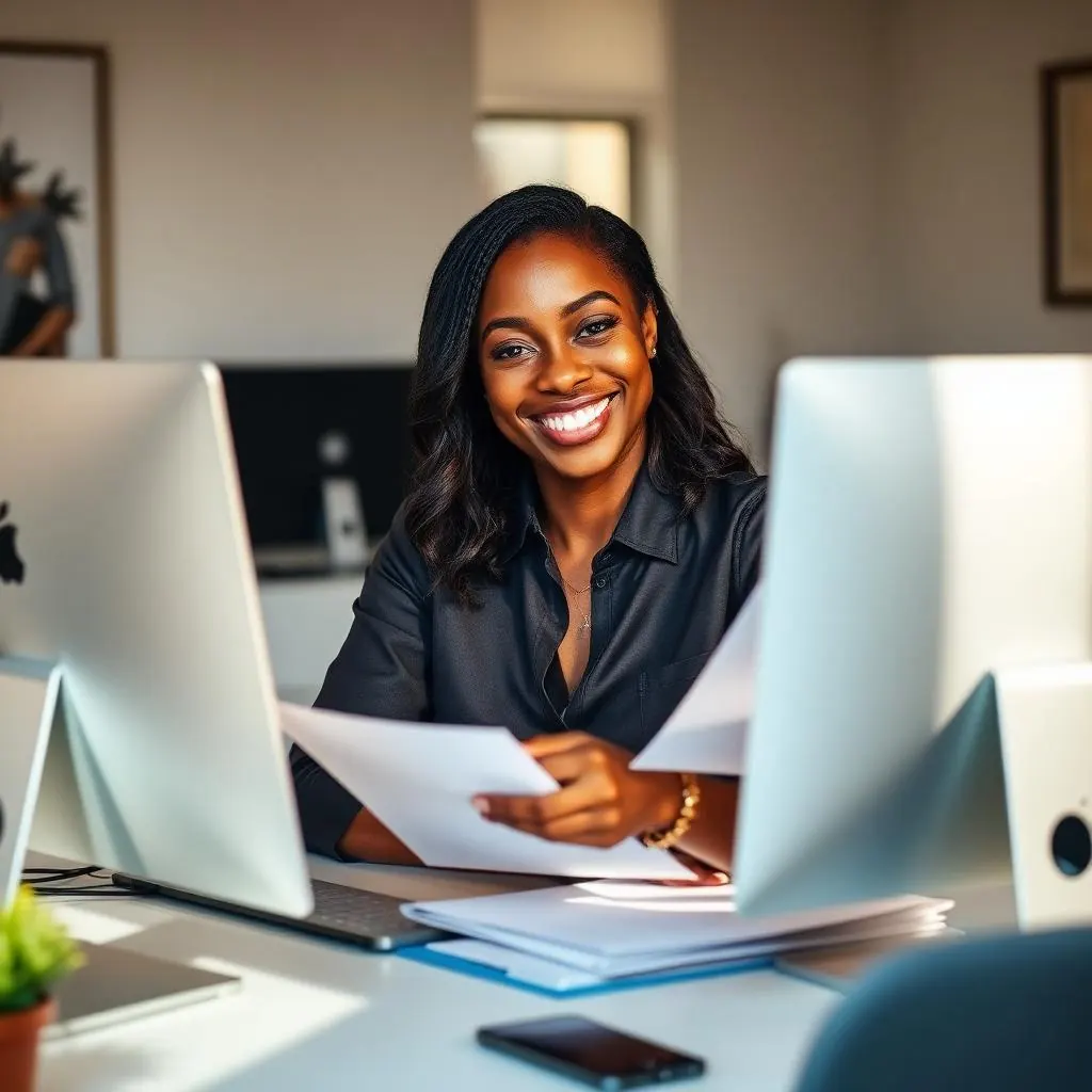Smiling professional woman reviewing application documents at her computer