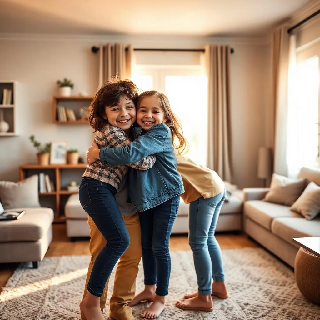 Happy family hugging together in their living room